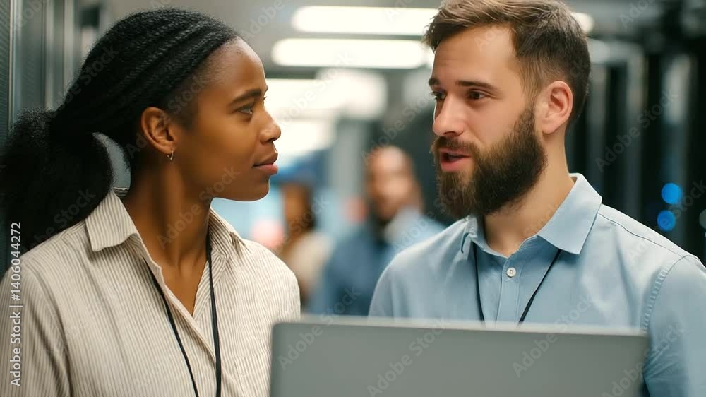 Poster a diverse team of professionals collaborating in a high-tech data center environment.