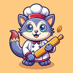 Fototapeta premium Cartoon wolf chef stands, wearing a chef's hat, holding a rolling pin smiling