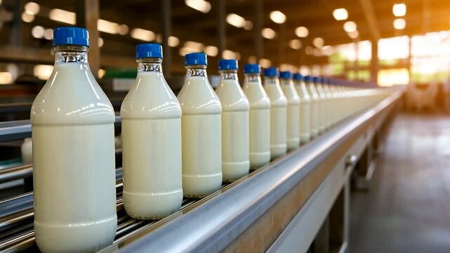 Bottles of milk on a conveyor belt in a dairy processing plant during sunset