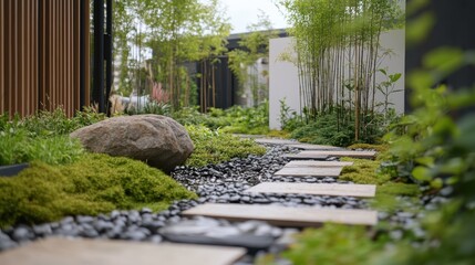Paved walkway made from recycled stone, permeable surfaces in functionality and environmental friendliness.