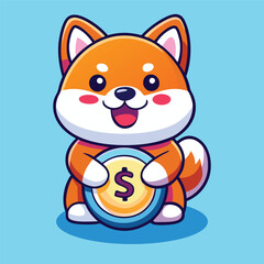 Shiba Inu cartoon character smiling, holding a gold coin with a dollar sign