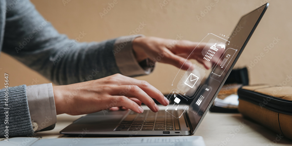 Poster close-up of hands interacting with a laptop screen displaying digital interface elements, showcasing