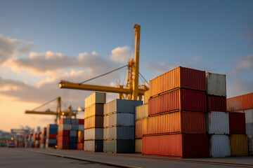 Wide angle view of container shipping yard with cranes, against blue sky, trade and tariff concept