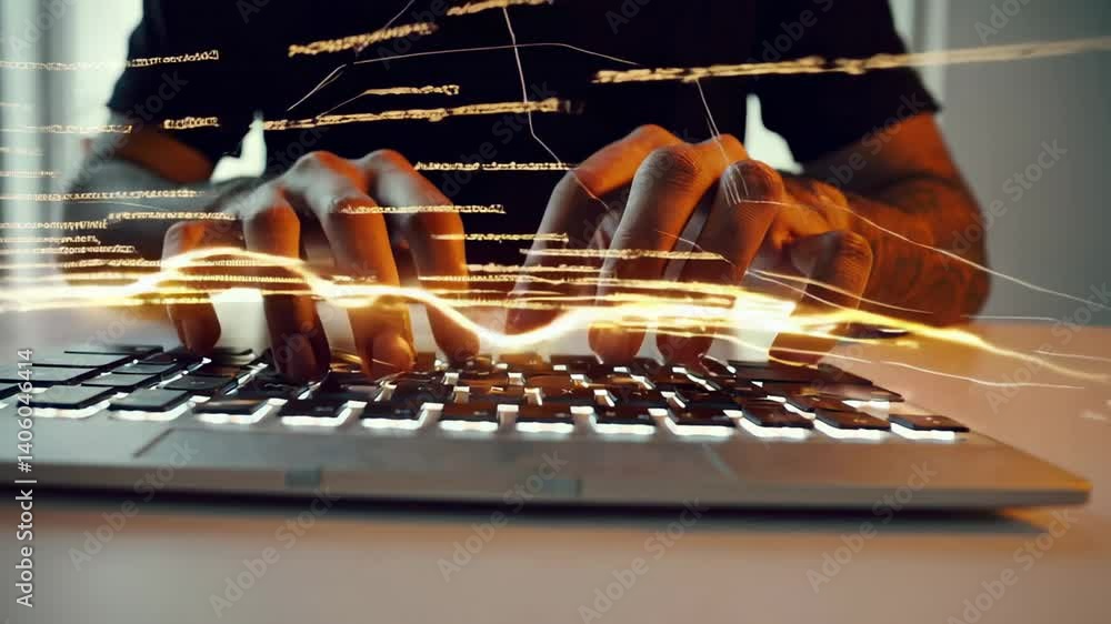 Fototapete Fast typing hands of a programmer rapidly writing code on a laptop keyboard, generating golden light trails and code snippets, symbolizing the creation of software or a web application