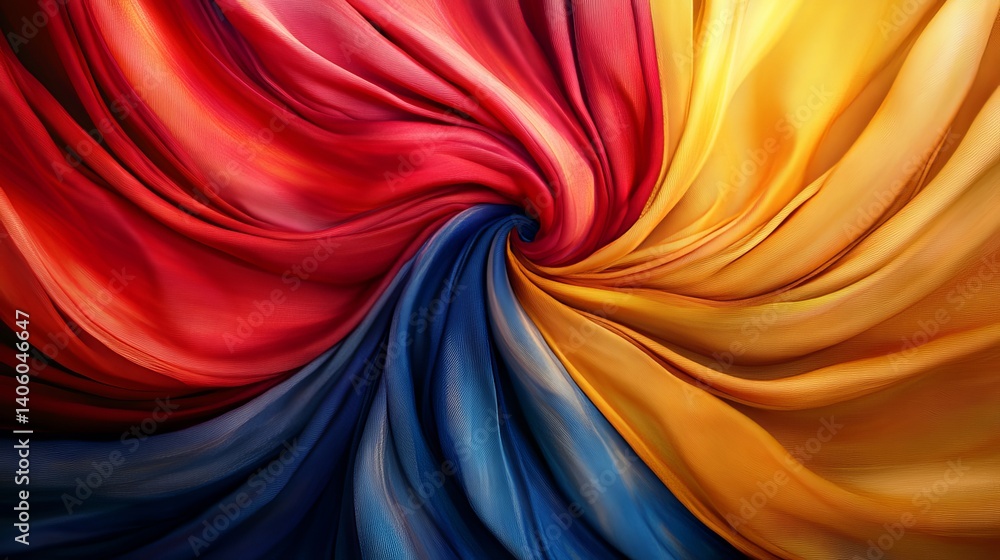 Poster abstract swirl of red blue and yellow fabric creating a dynamic and colorful composition art piece
