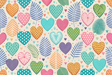 Vibrant Heart and Leaf Pattern with Colorful Designs on Light Background for Decorative Aesthetic