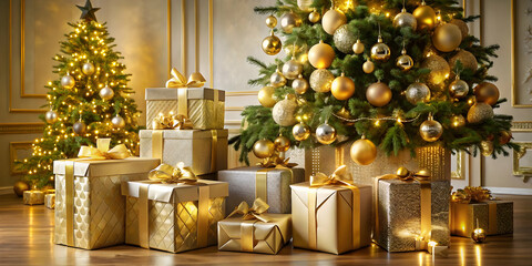 Elegant Christmas scene with gold-framed gift boxes under a decorated tree
