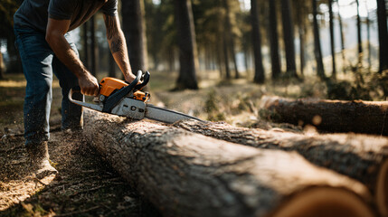 Electric Chainsaw in Action: Man Cutting Lumber, Woodworking Project, Power Tool Safety, Tree Felling, Outdoor Work, Home Improvement, Chainsaw Maintenance, DIY Projects.