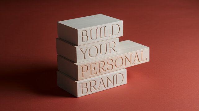 Stacked light-beige wooden blocks with carved words "Build Your Personal Brand", showcasing a business concept of personal branding development and growth against a red background