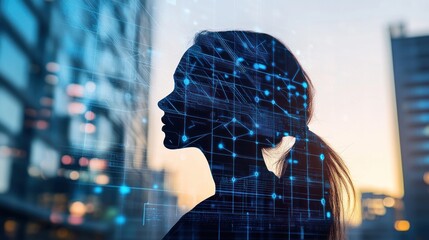 A digital silhouette of a woman in front of a modern glass building, symbolizing the intersection of technology and innovation.
