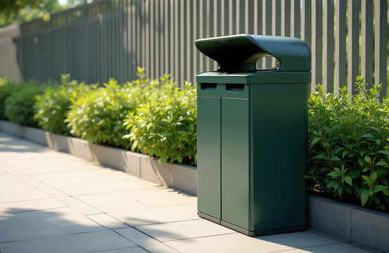 Modern, stylish garbage bin on urban street. Smart metal trash can for waste separation and recycling. New eco-friendly waste bin for public space. Waste management and environmental protection.