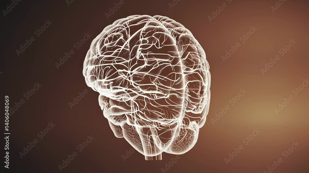 Poster wireframe brain rotating, revealing glowing neural network visualization against blue backdrop, symb
