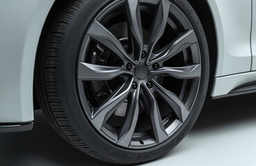 Close-up view modern car wheel. Silver alloy rim, black tire against white car body. Luxury automotive design. Auto industry, transport, road, speed, travel.