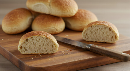 Freshly baked bread rolls on a wooden board ready to be served