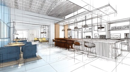 Wireframe drawing interior design rendering concept. Residential renovation service showing office cafe with bar, tables, chairs. Home improvement upgrade remodelling visualization. 