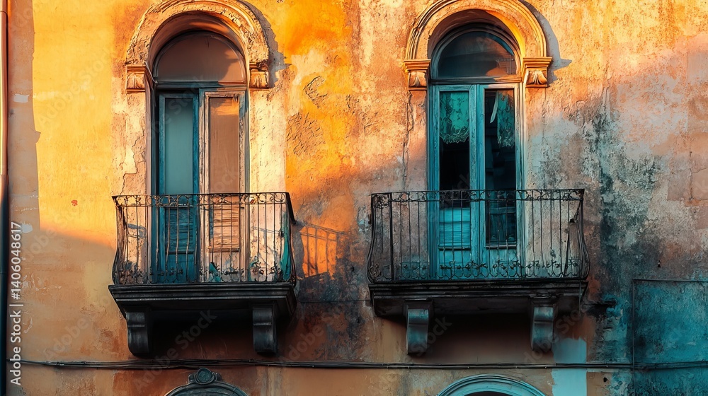 Aufkleber two arched windows with balconies on an old building with weathered walls and a warm color palette t