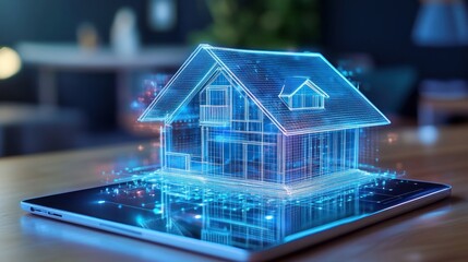 A digital tablet displaying a hologram of a house, part of a futuristic real estate business