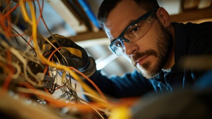 Electrician repairing electrical wiring in an attic. Featuring technical expertise and safety