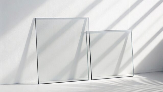 Two clear, rectangular sheets of borosilicate glass are neatly arranged on a bright white surface. The top sheet slightly overlaps the larger one beneath, showcasing the transparency and smooth textur