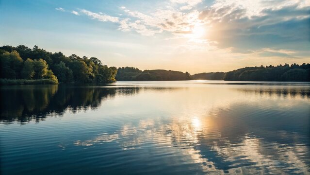 A tranquil scene of a calm lake reflecting the soft hues of the sunrise or sunset sky, with a dark green forest lining the distant shore. The water is still, creating a mirror image of the sky and tre - Powered by Adobe