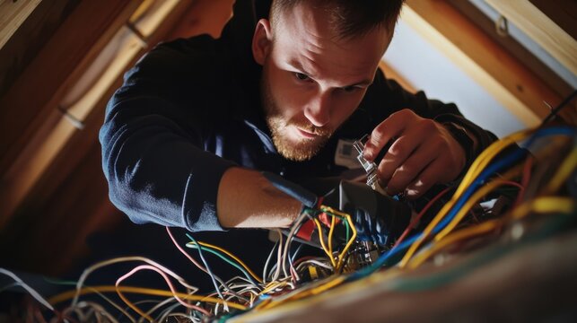 Electrician repairing electrical wiring in an attic. Featuring technical expertise and safety