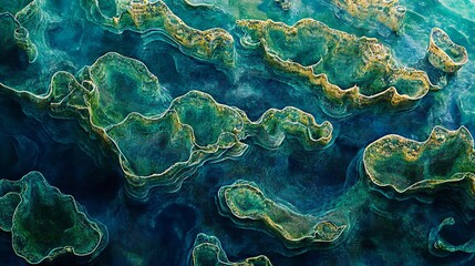 Aerial shot of a vast coral reef system arranged in naturally ordered patterns