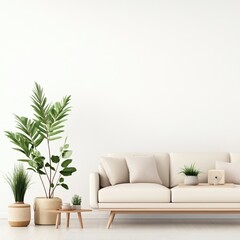 Minimalist Living Room Interior Design with Beige Sofa and Greenery