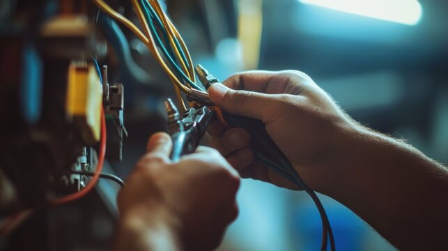 Electrician repairing wires at a residential building. Featuring electrical work and home service