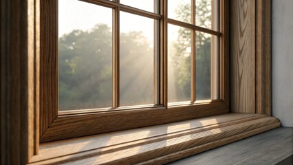 A multi-paned window with a white frame is illuminated by the warm, golden light of either sunrise or sunset, casting long shadows and creating a cozy atmosphere