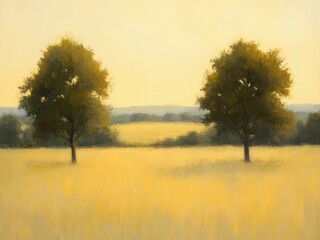 Obraz premium Calm landscape featuring two trees in a golden field
