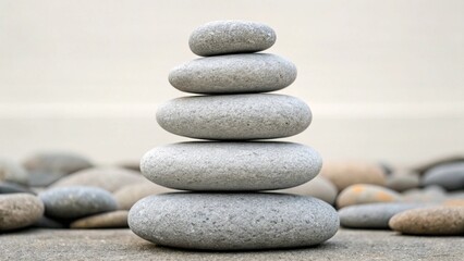 A serene stack of six smooth, gray stones balanced precariously on top of each other on a rocky beach. The blurred background shows a calm body of water and hazy mountains under a soft, cloudy sky, ev