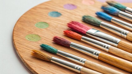 Fototapeta premium Close-up of a wooden artist's palette with several wells containing traces of various paint colors. A collection of paintbrushes with different bristle types and colorful handles rests across the pale