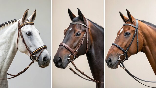 Three distinct horse portraits are showcased in this image. On the left, a brown horse with a white marking wears a detailed green and brown bridle. In the center, a white horse sports an ornate white
