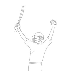 Cricket player line art drawing illustrations, Doodle sketch of a cricket player, Player silhouette, Batsman playing cricket raises his bat after scoring a full century, cricketer celebrating win.