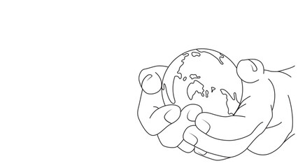 Delicate touch: Holding earth in caring hands - line art depicting our home