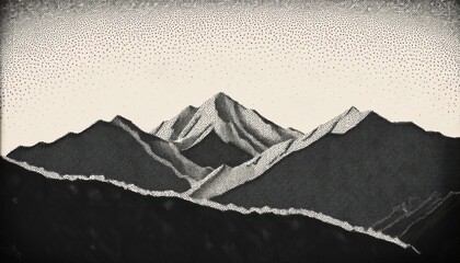 abstract stippled mountain range in overlay pointillism grunge texture style vintage photocopy of snowy hill chain mount landscape with grainy noise retro halftone illustration