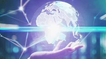 High tech server room highlighting businesswoman presenting holographic earth projection, symbolizing global network connectivity and digital innovation - Powered by Adobe