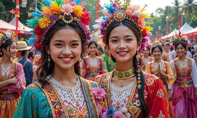 Group of Girls in Traditional Colorful Clothing - Powered by Adobe