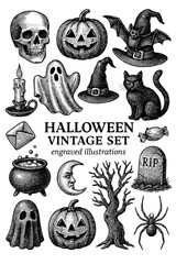 Obraz premium Intricate vintage Halloween illustrations featuring spooky symbols and eerie elements for seasonal celebration