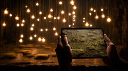 Moss Hands Holding Tablet: Nature Meets Technology, Digital Interface, Organic Connection, Innovation Concept, Green Computing, Sustainable Future, Earth Friendly, Digital Moss, Tech Meets Nature.
