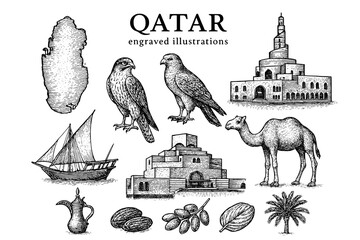 Engraved illustrations showcasing the rich culture and heritage of Qatar with various iconic symbols and elements