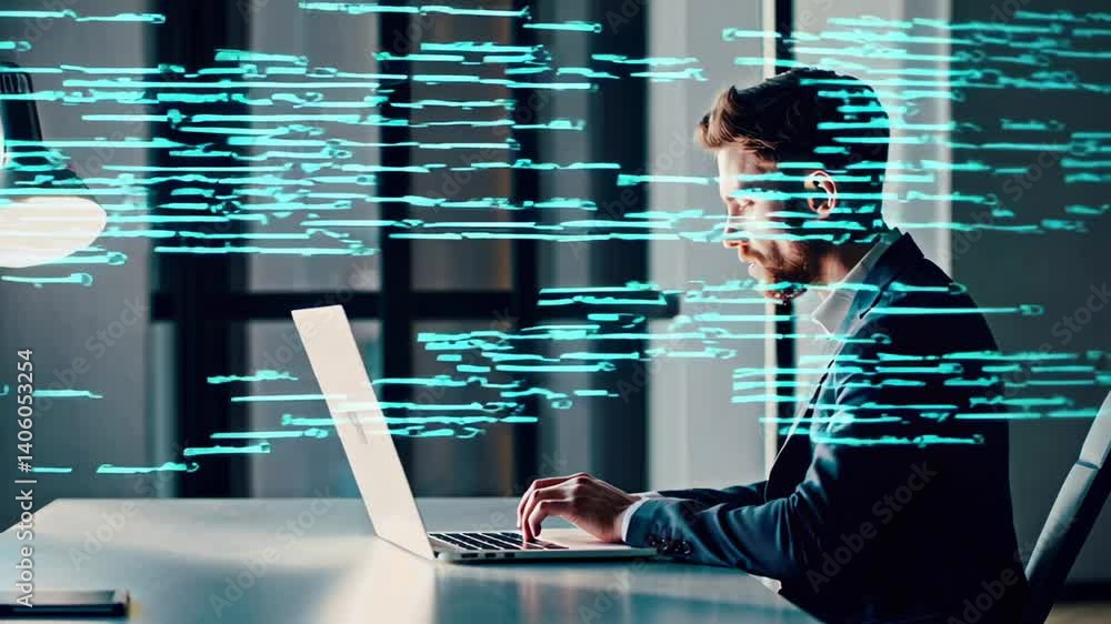 Aufkleber Program code lines streaming dynamically across laptop display while professional developer working intently on innovative software design in modern corporate workspace