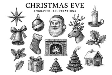 Captivating engravings celebrating the charm of Christmas Eve with festive icons and nostalgic elements