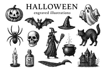 Engraved Halloween illustrations featuring spooky motifs including bats, witches, and haunted houses