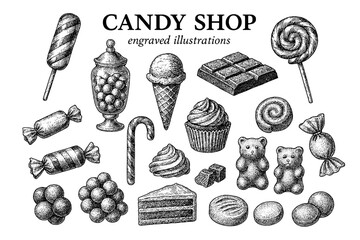 Delightful assortment of engraved candy shop treats featuring a variety of sweets and confections
