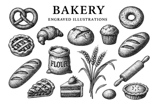 Delightful engraved bakery illustrations featuring an array of artisanal bread and pastries in a timeless black and white style