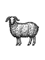 Fototapeta premium Elegant engraved illustration of a ram standing gracefully, showcasing its detailed fur and majestic horns against a transparent backdrop