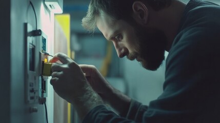 Electrician testing an electrical socket for safety. Featuring precision and care
