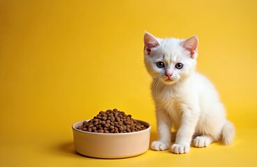 Adorable white kitten stands near bowl dry cat food. Cute fluffy young pet sits on yellow background. Domestic feline, healthy meal, cat food, looking at camera. Studio shot.