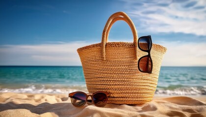 woven straw beach bag filled with sunglasses and beach essentials by the shore on a sunny day